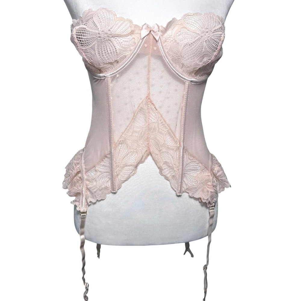 SEVEN 'TIL MIDNIGHT Women's XL Light‎ Pink Sheer Lace Boned Corset Garter Straps